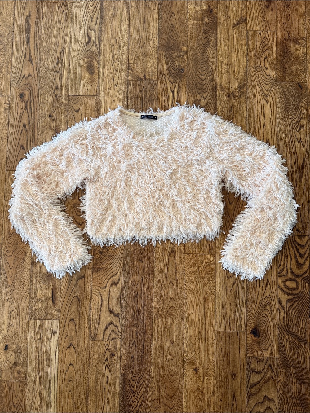 Zara Beige Feather Effect Cropped Sweater Shaggy Fuzzy Fringe Blogger Favorite S